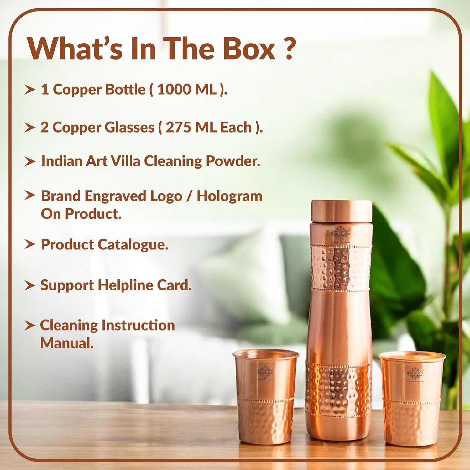 Indian Art Villa Pure Copper Drinkware Gift Set with 1 Bottle, 2 Glasses & Royal Blue Box, 1 L – view 7
