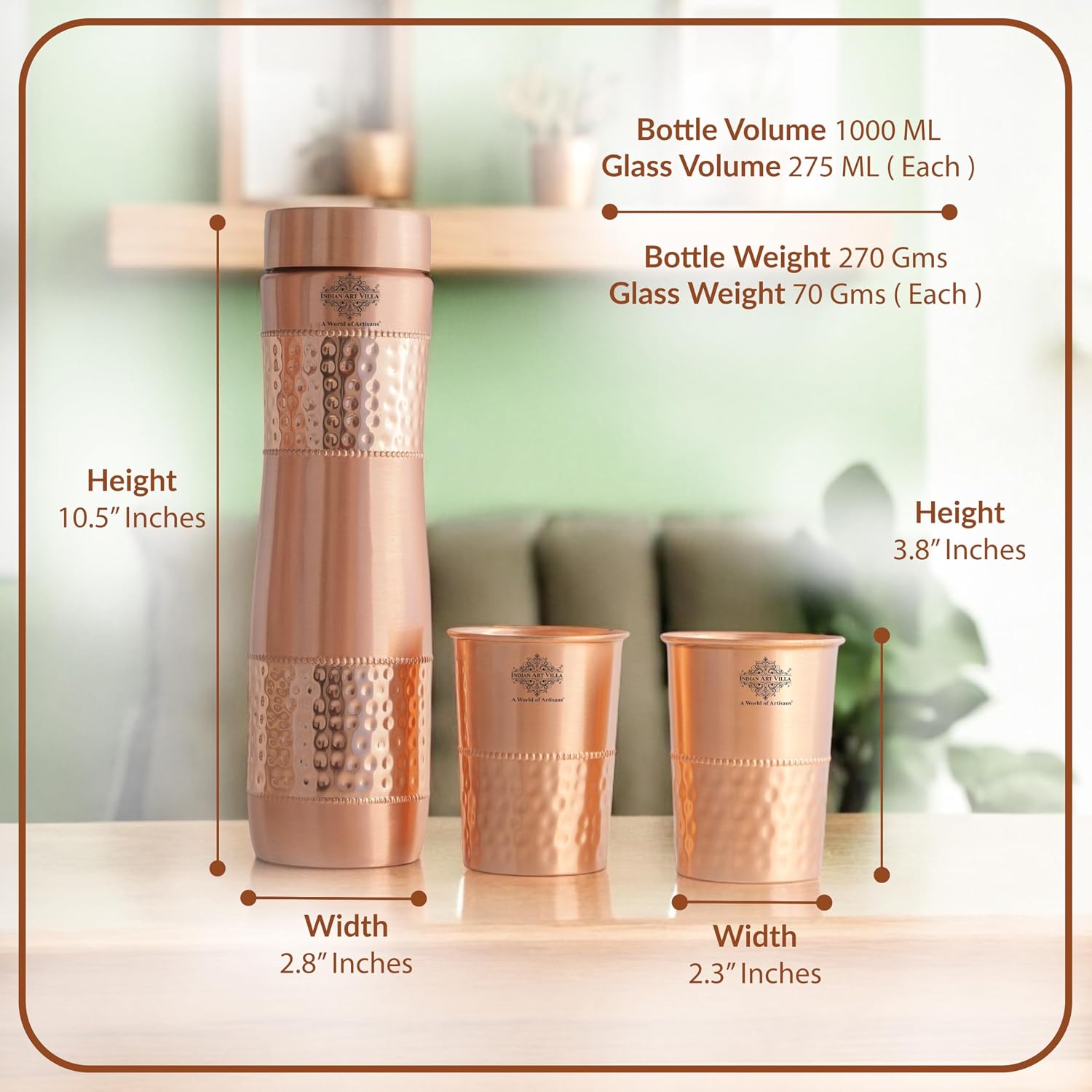 Indian Art Villa Pure Copper Drinkware Gift Set with 1 Bottle, 2 Glasses & Royal Blue Box, 1 L – view 5