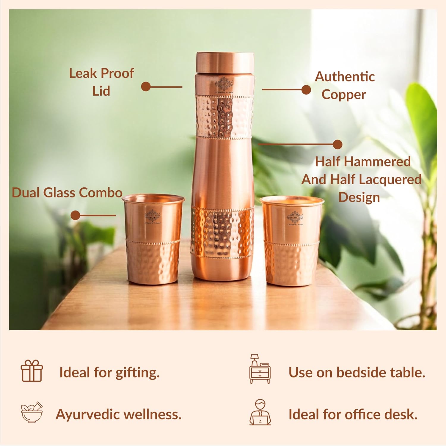 Indian Art Villa Pure Copper Drinkware Gift Set with 1 Bottle, 2 Glasses & Royal Blue Box, 1 L – view 6