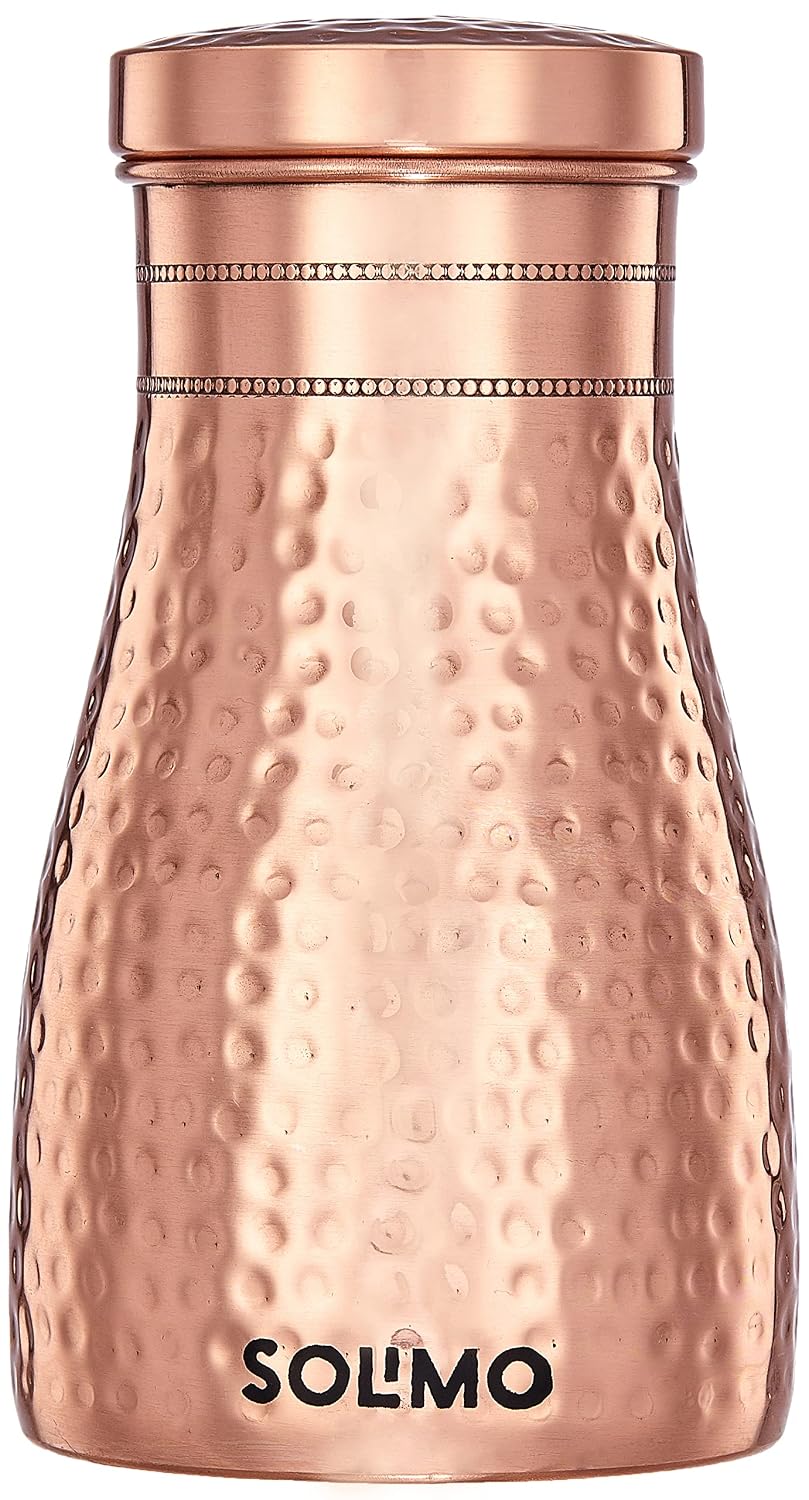 Amazon Brand - Solimo Copper Water Pot | Bedside Pot with Glass | Hammered Finish |950 ml