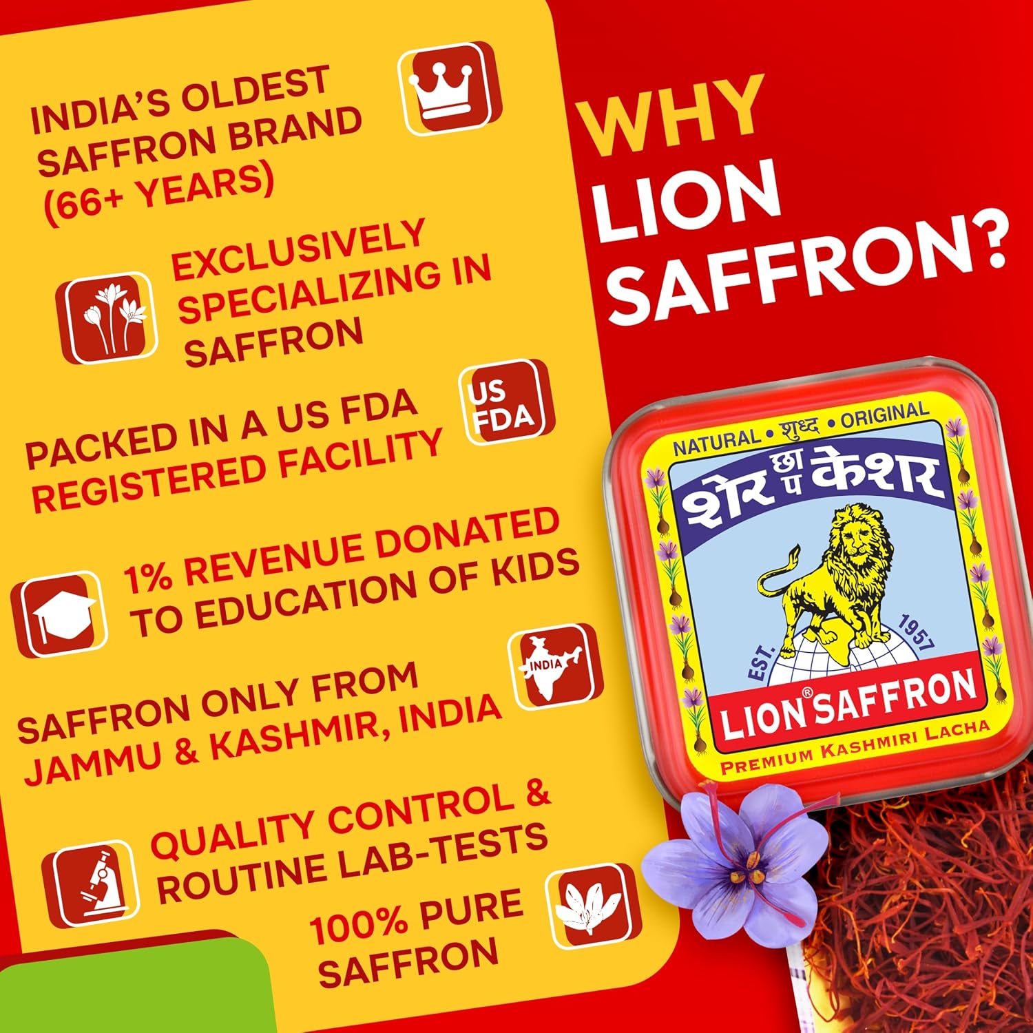 Lion Brand Saffron Original Kashmir Lacha Saffron/Kesar/Keshar, 1 g – view 4