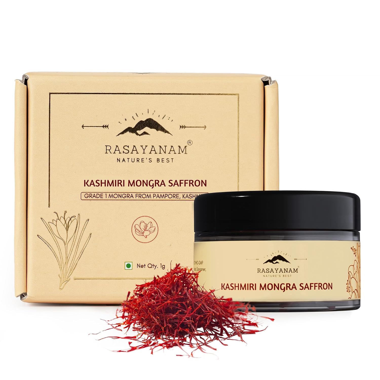 Rasayanam Pure Original Kashmiri Saffron/Kesar/Kumkuma Puvvu (1gm) | Certified highest Grade-A Keshar | Saffron for pregnant women, Pooja rituals & Food aroma