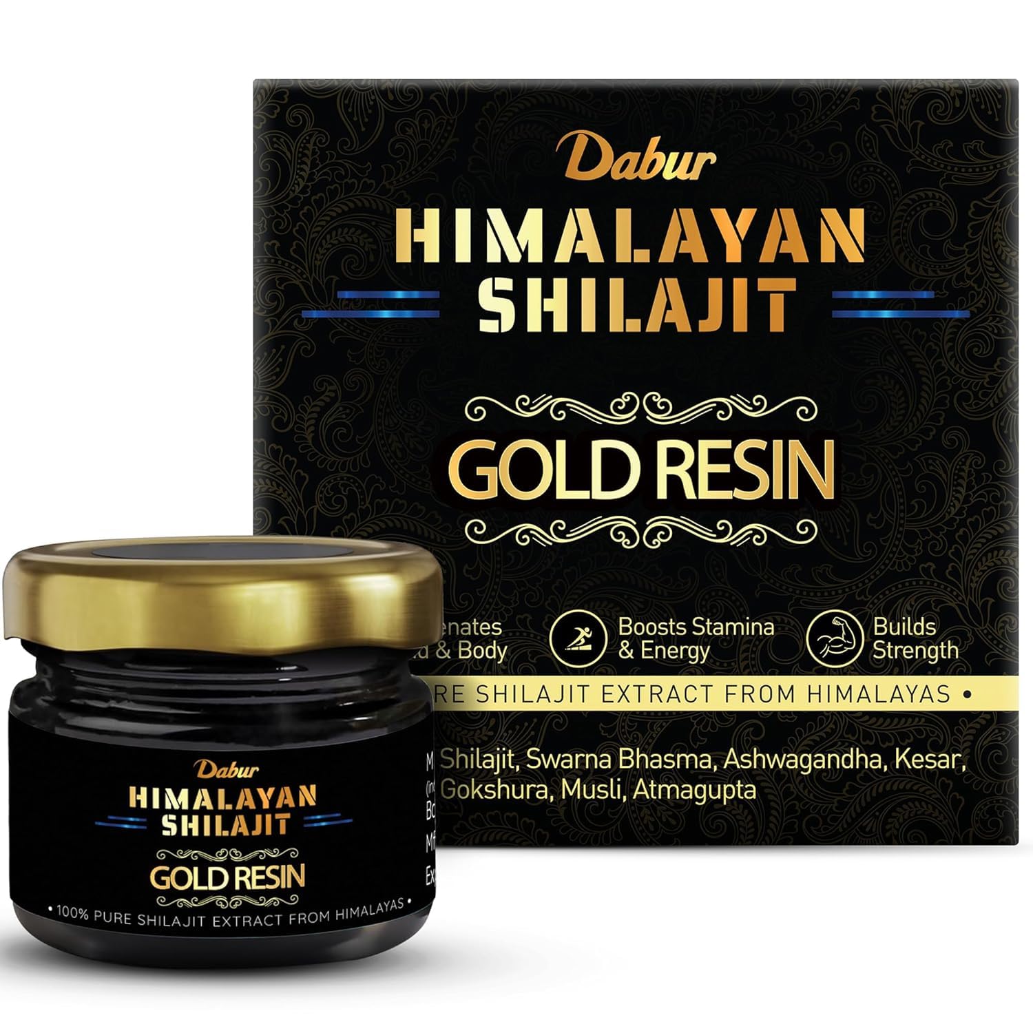 Dabur Himalayan Shilajit/Shilajeet Gold Resin - 20g | 500mg/Serving | 40 Servings | Contains 24 Karat Gold | 7 Ayurvedic Boosters | Boosts Muscle Growth & Stamina | 100% Ayurvedic