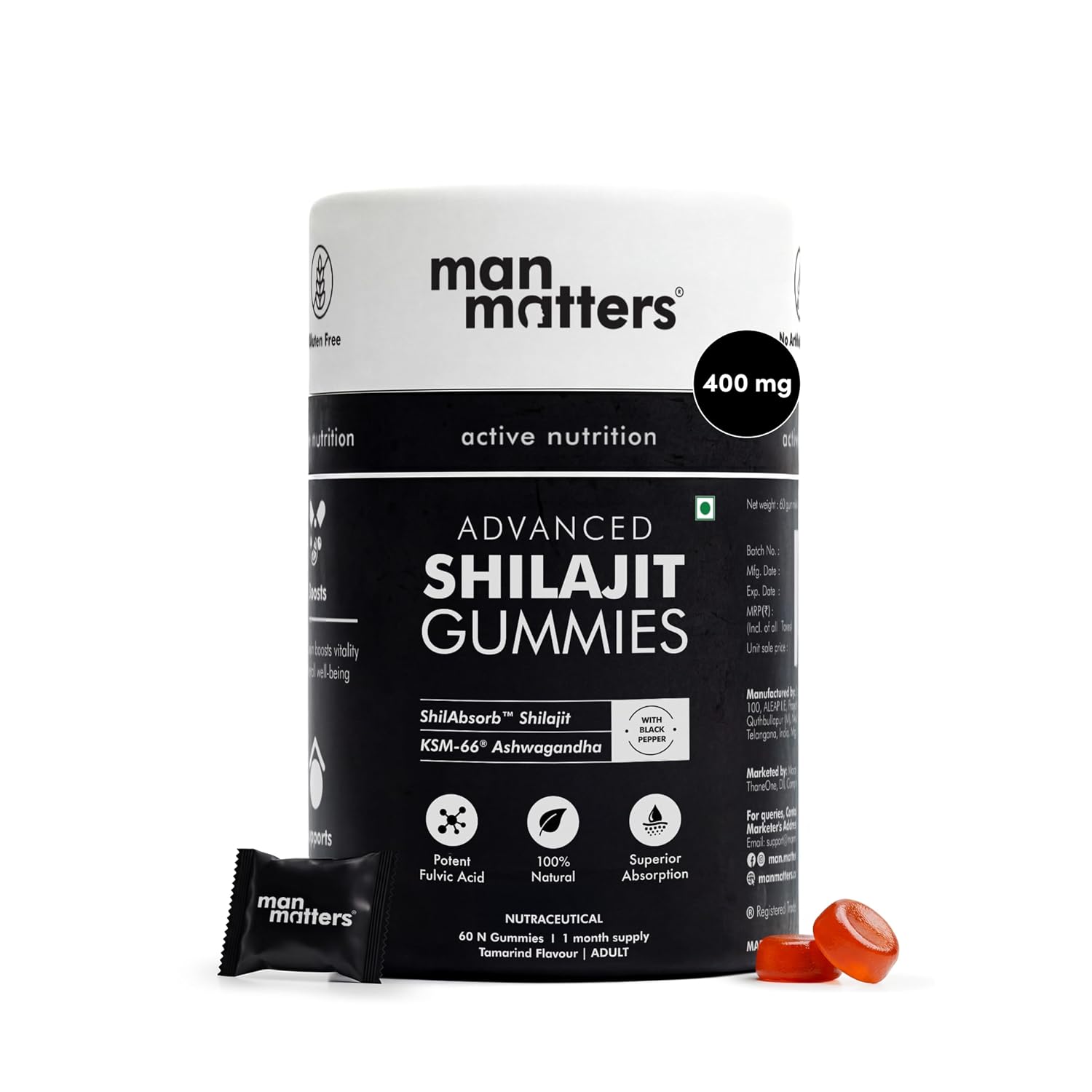 Man Matters Pure Shilajit/Shilajeet Gummies Advanced with Lab-Tested Fulvic Acid & KSM 66 Ashwagandha | Boosts Fitness, Improves Energy Levels & Helps Manage Stress | Pack of 60