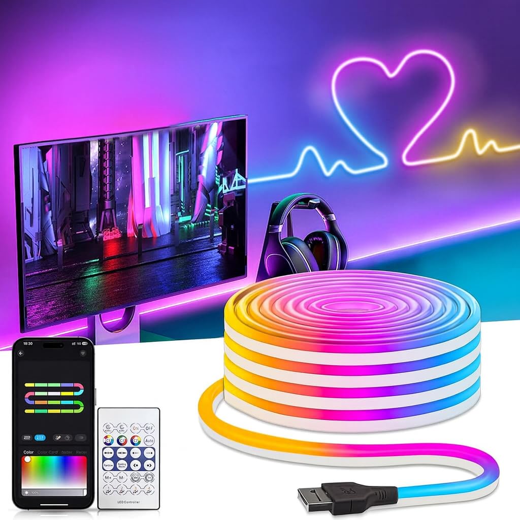 Gesto 5V RGB Neon LED Strip Light 5 Meter – Mobile App & Remote Controlled Neon Rope Lights | USB Powered Waterproof Strip for Room Decor, Gaming Setup, DIY Neon Signs, Party & Diwali Decoration