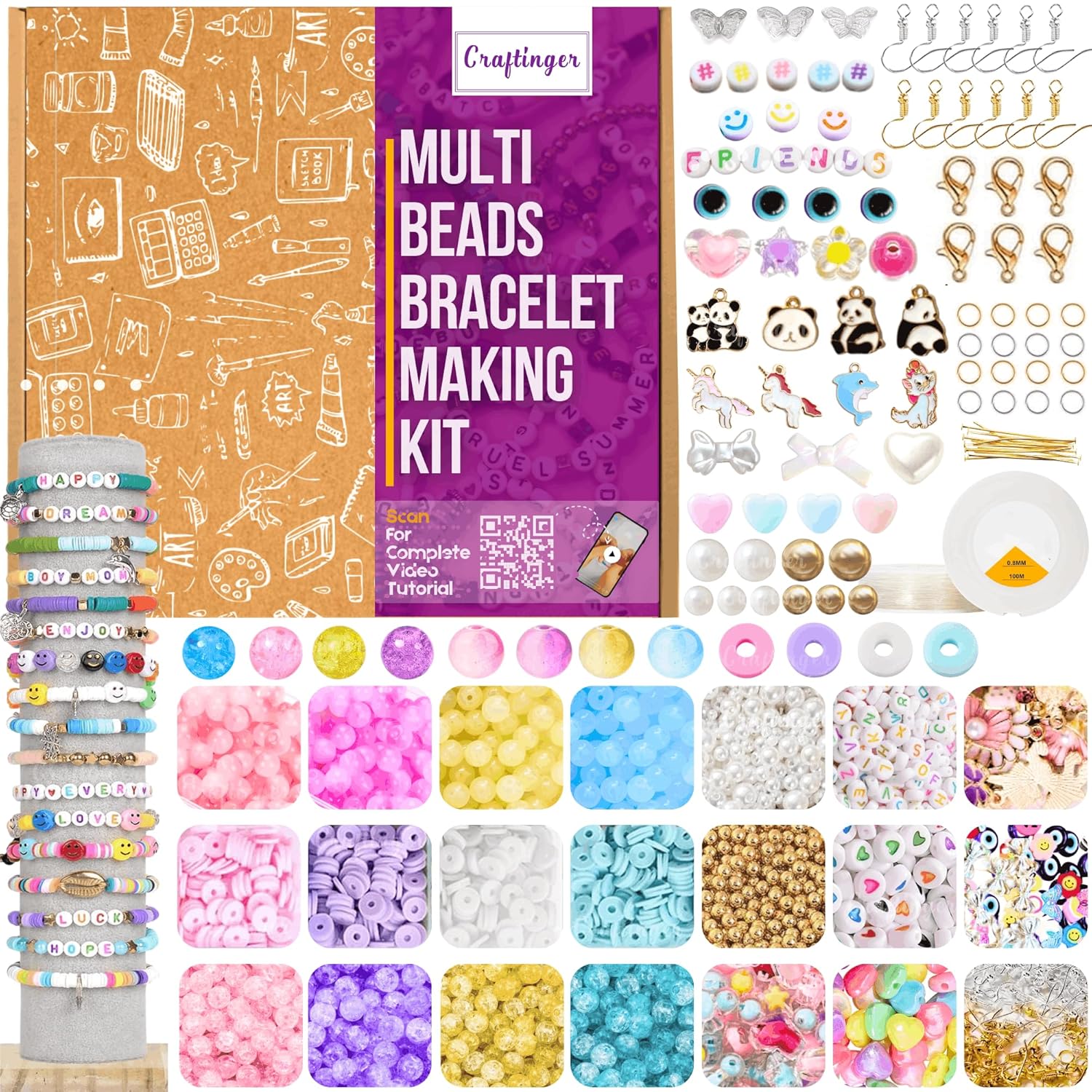 Craftinger Multi Beads for Jewellery Making Kit, Colorful Beads Set for Kids DIY Craft Bracelet Necklace Making, Activity Games for Girls Age 6-12 Years Old
