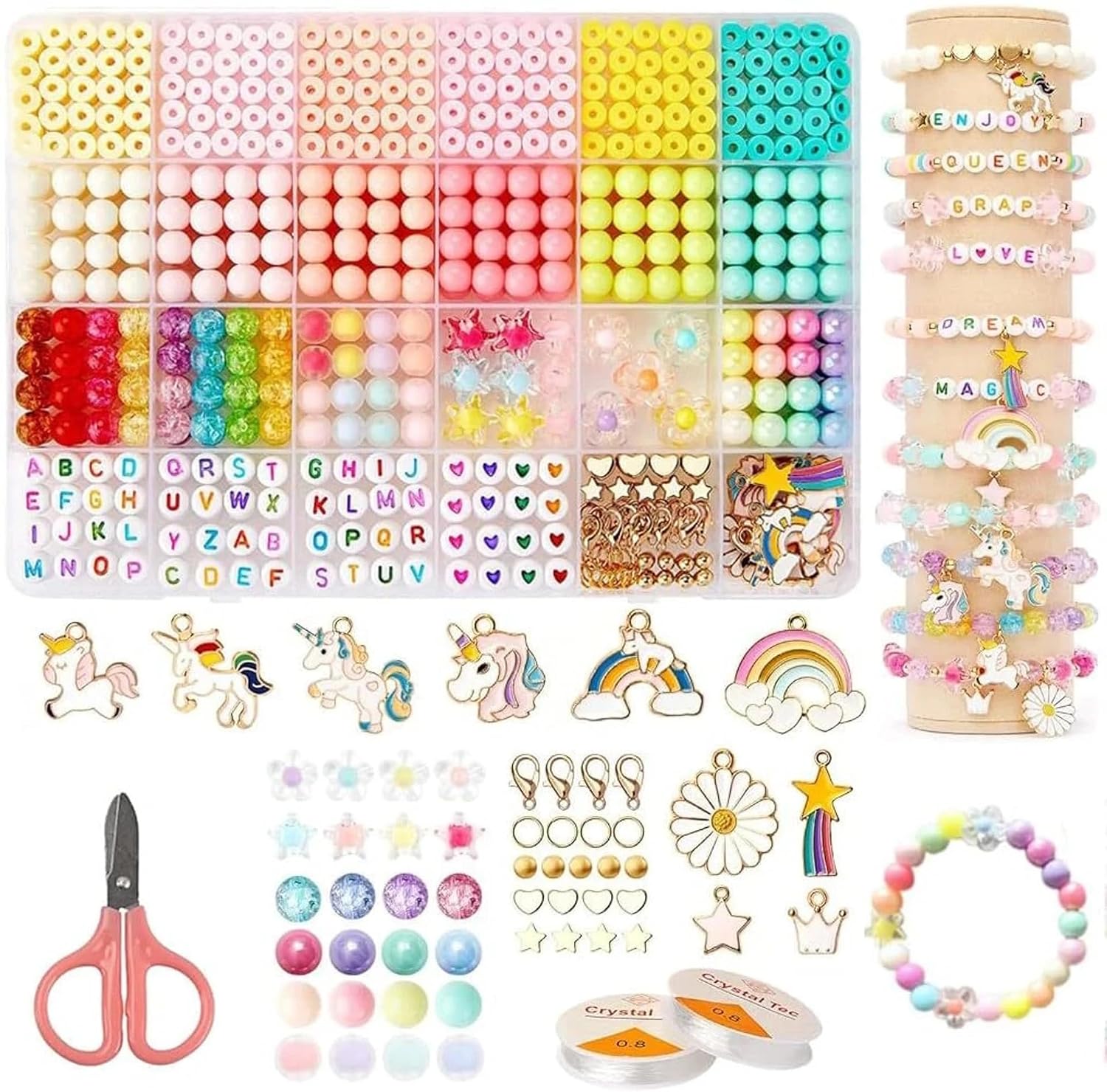 Sendria Unicorn Bracelet Making Kit for Girls Age 5–12 | DIY Jewelry Beads Set with Clay Beads, Unicorn Charms, Pearls, Letter Beads, Elastic Cord & Tools | Creative Arts & Crafts Gift