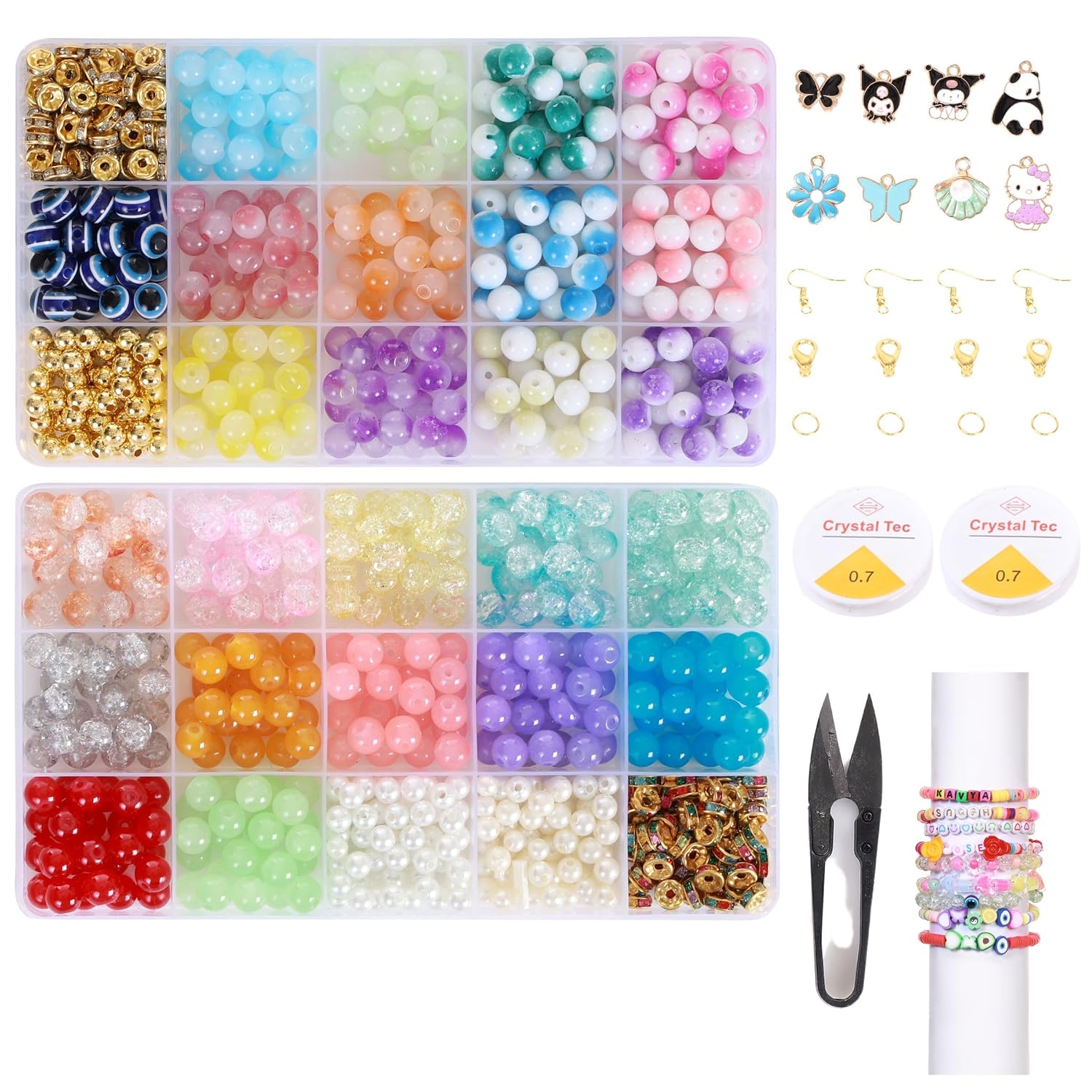 Ambitieux DIY Bracelet Making Kit for Girls – 30 Types of 600+ pcs of Crackle, Jelly & Pearl Beads golden ring in 2 Boxes with Charms, Hooks, 2 Elastic Threads & Cutter – Craft Kit for Kids Age 7-12 Return Gift Idea