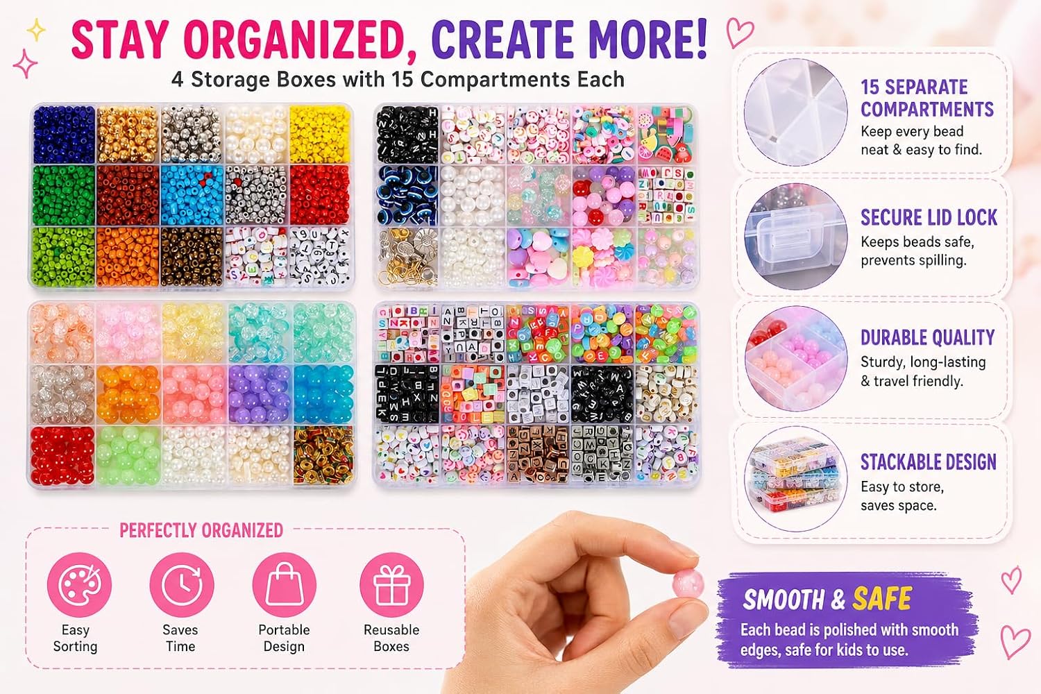Ambitieux Bracelet Making Kit for Girls, 1400+ Beads with 4 Storage Boxes and 16 Charms, DIY Jewelry Craft Kit for Kids 6-12 – view 6