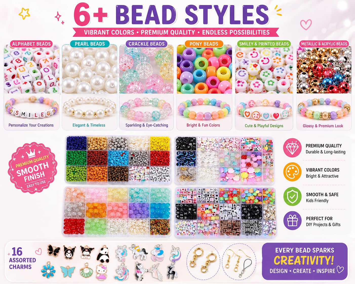 Ambitieux Bracelet Making Kit for Girls, 1400+ Beads with 4 Storage Boxes and 16 Charms, DIY Jewelry Craft Kit for Kids 6-12 – view 4