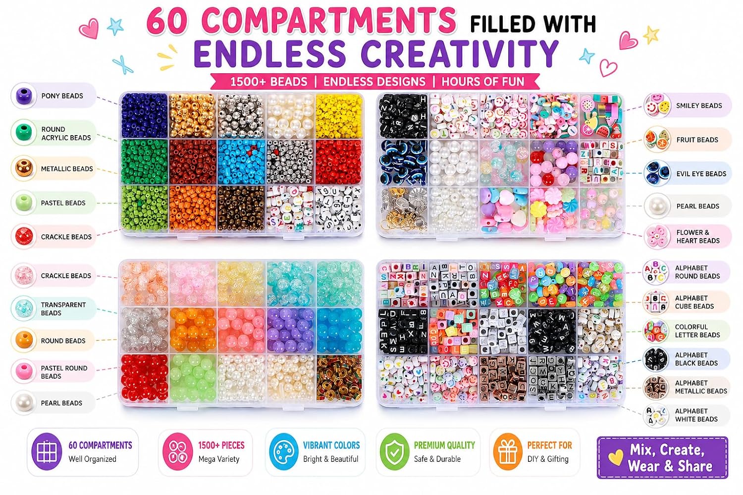 Ambitieux Bracelet Making Kit for Girls, 1400+ Beads with 4 Storage Boxes and 16 Charms, DIY Jewelry Craft Kit for Kids 6-12 – view 3