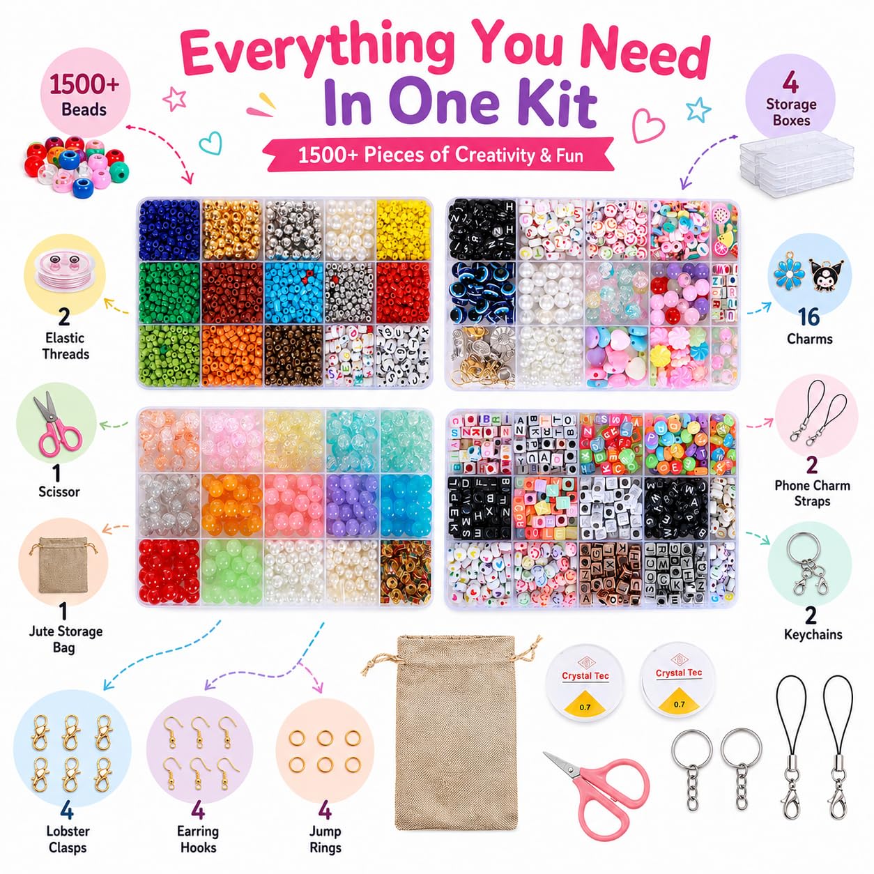 Ambitieux Bracelet Making Kit for Girls, 1400+ Beads with 4 Storage Boxes and 16 Charms, DIY Jewelry Craft Kit for Kids 6-12 – view 2