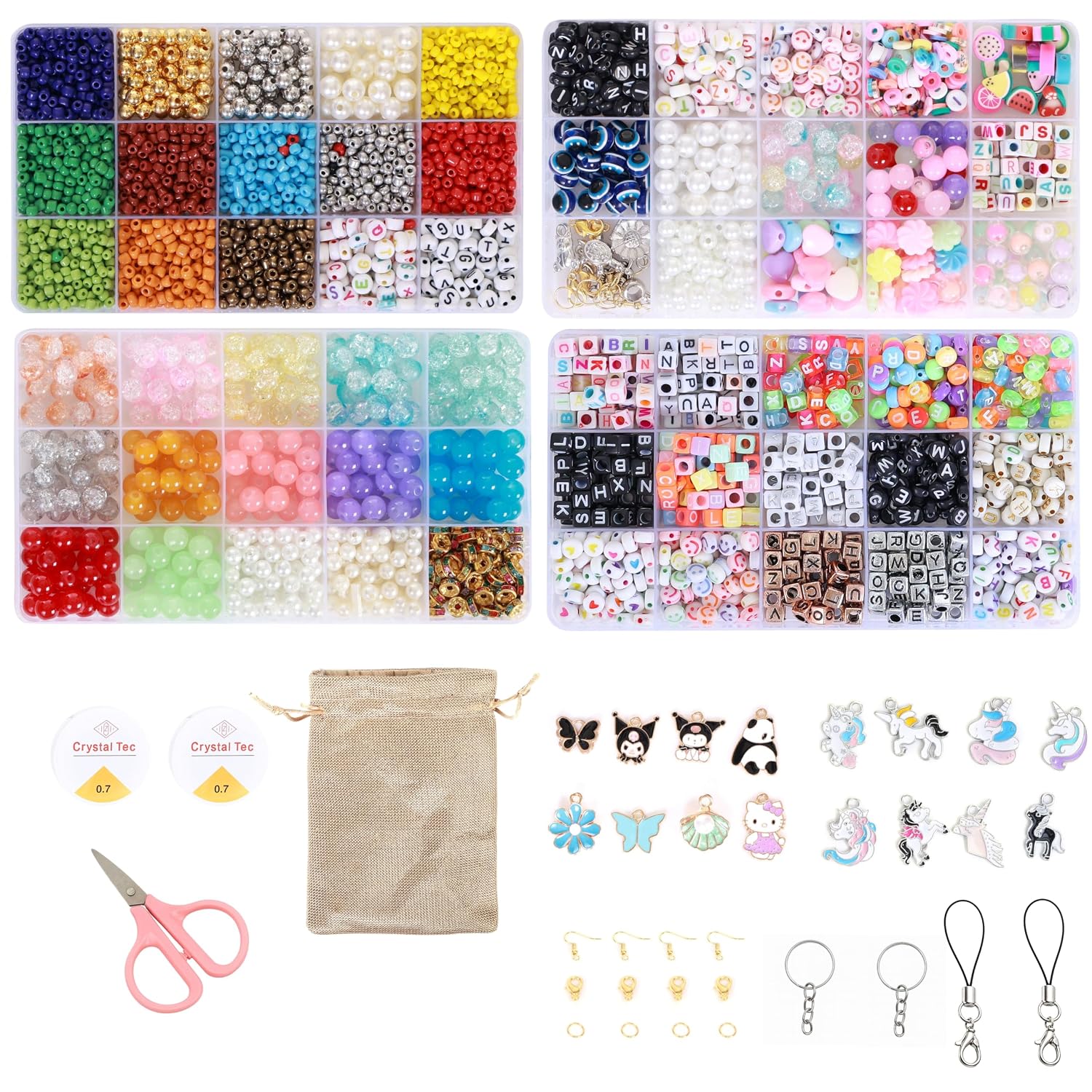 Ambitieux Jewellery Making Kit for Girls, 1400+ Beads Bracelet Making Set with 4 Storage Boxes, 16 Charms, Alphabet Beads, Pearl Beads, Keychain & Phone Charm Making Kit, DIY Jewelry Craft Kit for Kids Age 6-12