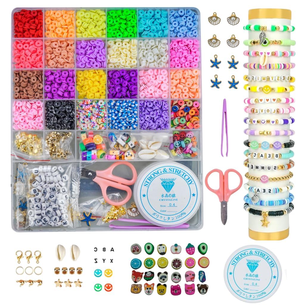 NYS STORE Clay Bead Bracelet Making Kit for Girls | Heishi Beads with Unicorn Charms, Alphabet Beads | DIY Jewellery Making Kit, Arts & Crafts Gifts for Kids 6-12 (5 * 6 Multi Ring)