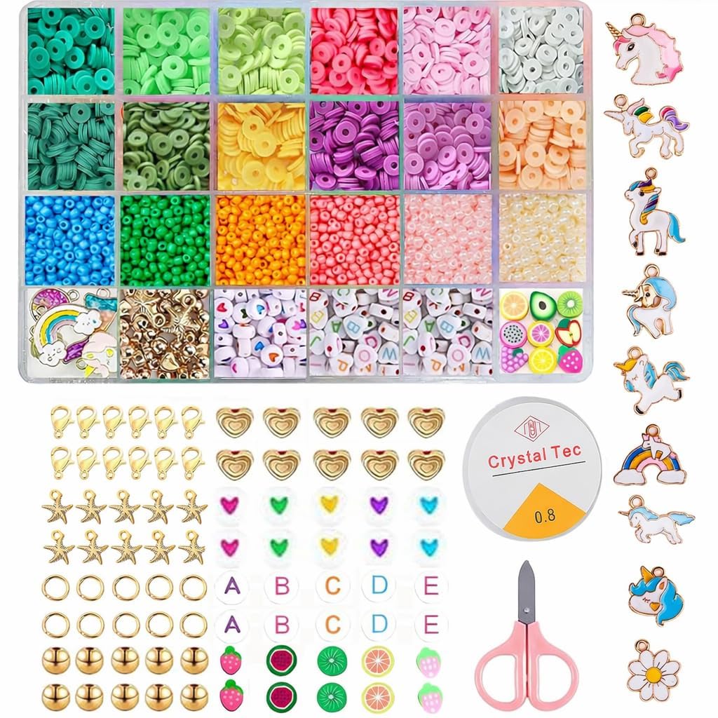 CURVE CREATION Jewellery Making Kit Bracelet Making Kit Macaron Color for Bracelet Making Clay Beads Kit Letter with Unicorn Pendants, Crystal Star Flower Hair Set for DIY Jewelry Crafts (Multicolor 3)
