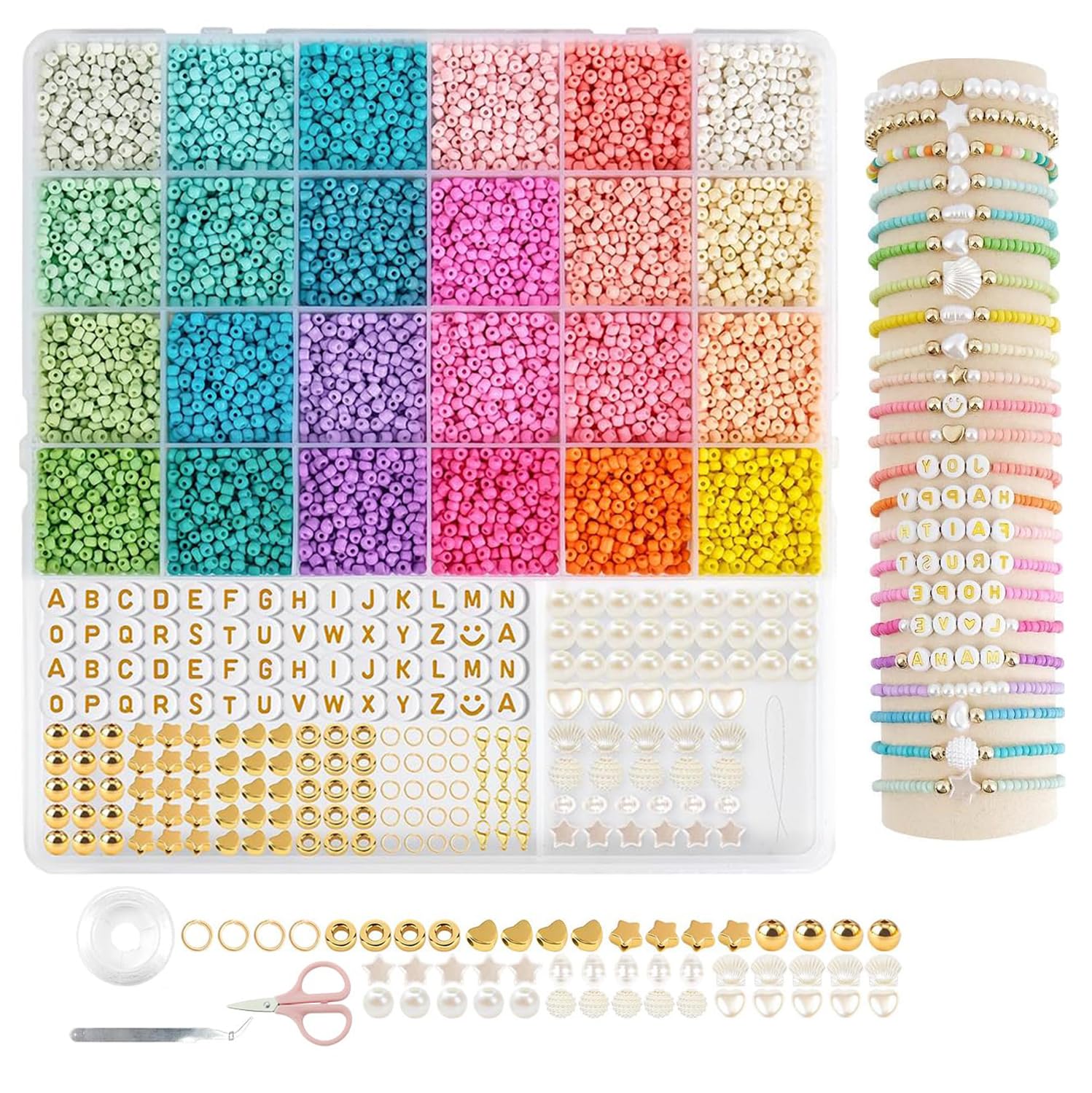 SANNIDHI® 3mm Glass Seed Beads for Bracelet Making, Pearls Letter Beads Set