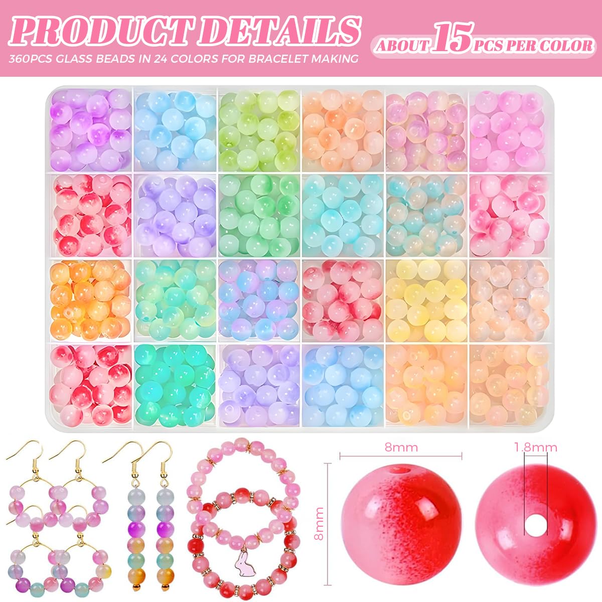 SANNIDHI Gradient Glass Beads Bracelet Making Kit, 24-Color 8 mm Craft Set – view 2