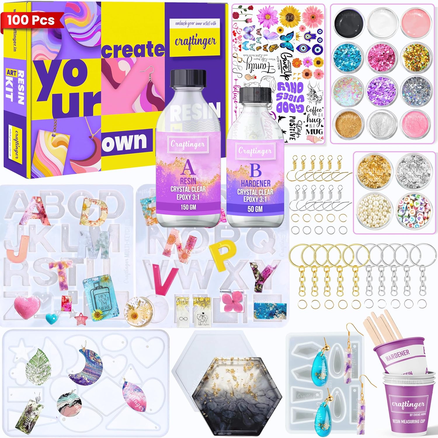 Craftinger DIY 85 Pcs Pro Resin Art Kit with 200 Gm Resin and Coasters Alphabet Keychain Earring Making Kit with Pigment Glitter Mica and More, Multicolour
