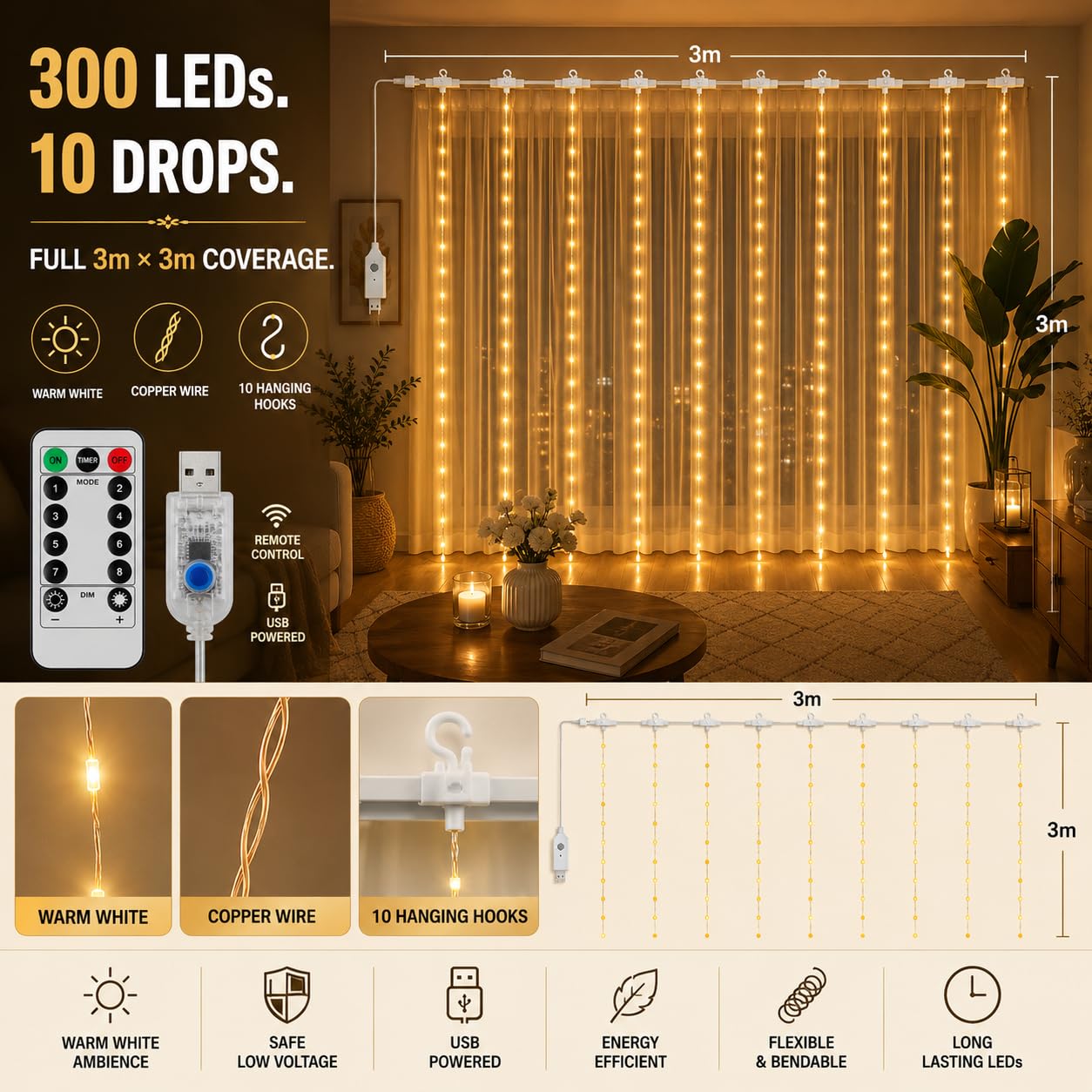 Gesto USB Curtain Fairy Lights with Remote, 300 LED, Warm White, 9.8 x 9.8 Ft – view 4