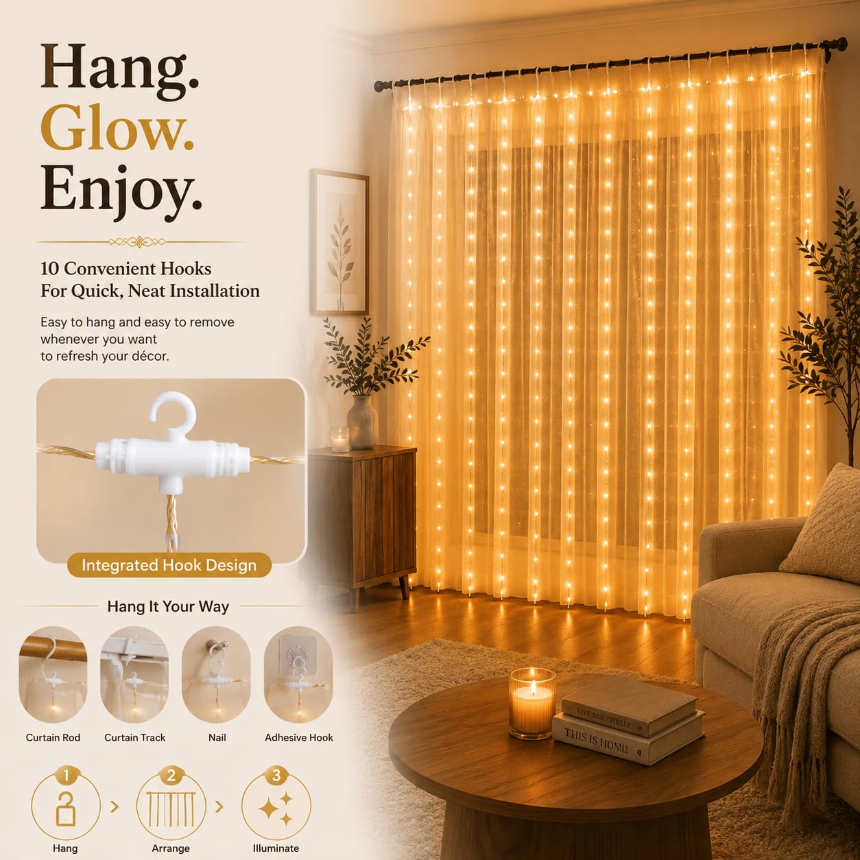 Gesto USB Curtain Fairy Lights with Remote, 300 LED, Warm White, 9.8 x 9.8 Ft – view 7