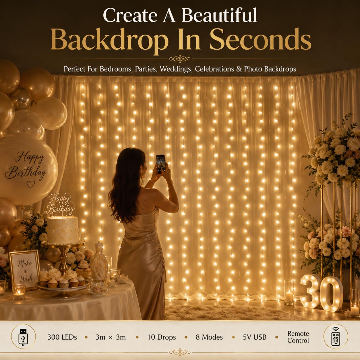 Gesto USB Curtain Fairy Lights with Remote, 300 LED, Warm White, 9.8 x 9.8 Ft – view 8