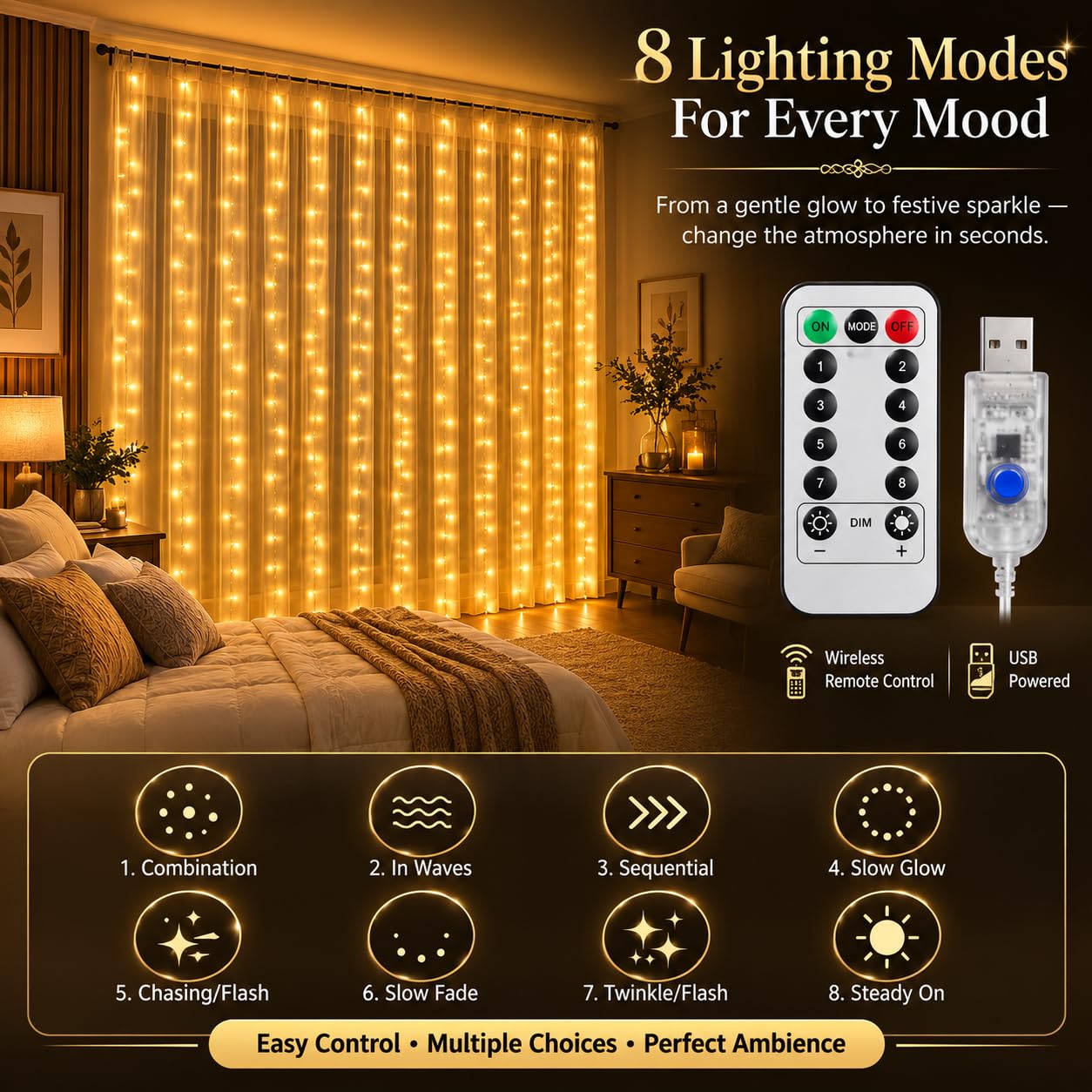 Gesto USB Curtain Fairy Lights with Remote, 300 LED, Warm White, 9.8 x 9.8 Ft – view 3