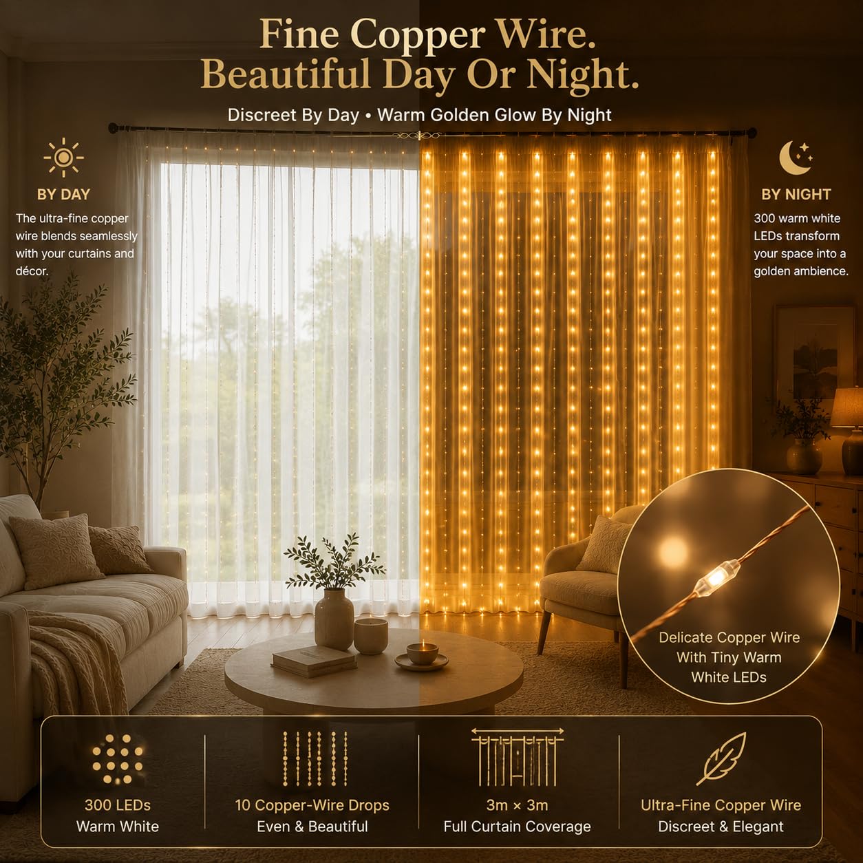 Gesto USB Curtain Fairy Lights with Remote, 300 LED, Warm White, 9.8 x 9.8 Ft – view 6