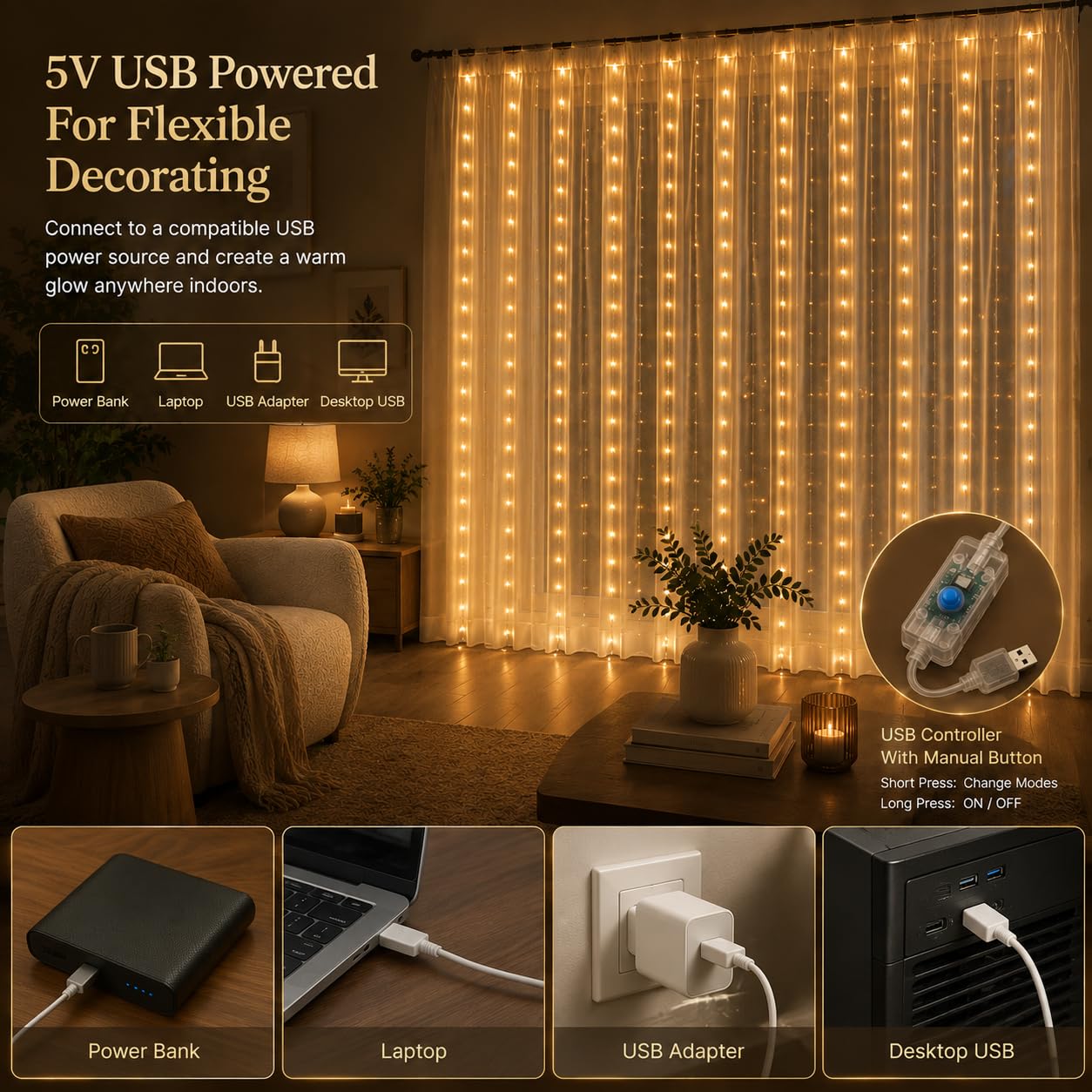 Gesto USB Curtain Fairy Lights with Remote, 300 LED, Warm White, 9.8 x 9.8 Ft – view 5