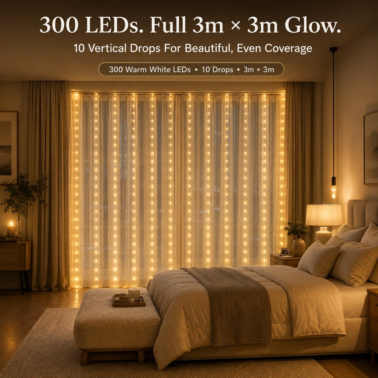 Gesto USB Curtain Fairy Lights with Remote, 300 LED, Warm White, 9.8 x 9.8 Ft – view 2